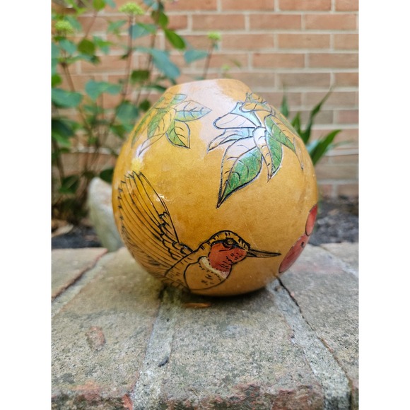 Other - Vtg Handcarved & Painted Hummingbird Gourd Vessel, Faux Flower Holder 5"